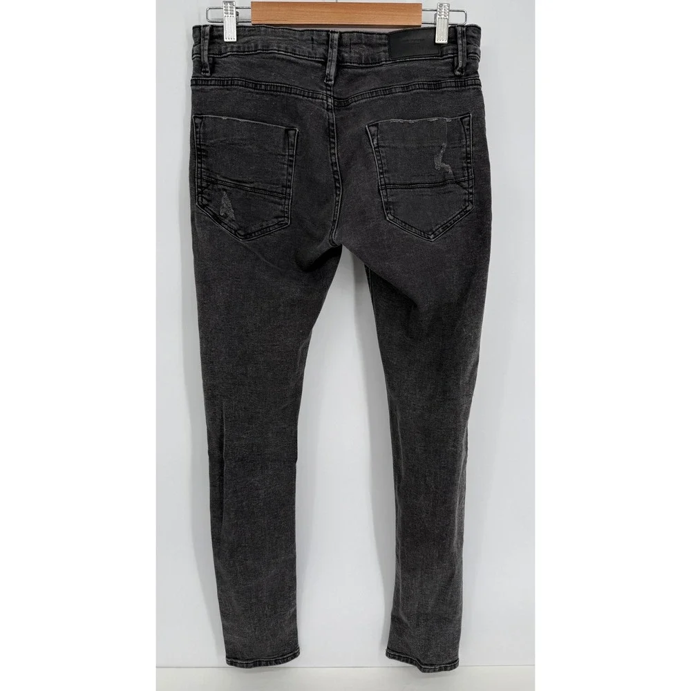 Bershka‎ Super Skinny Fit Distressed Jeans Black Faded Ripped Women's Sz 31 x 30